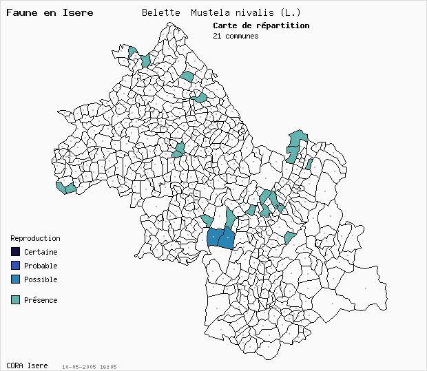 Carte Nidification: Belette Mustela nivalis (L.) en Isre