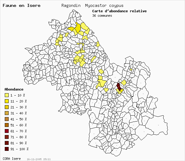 Carte Abondance: Ragondin Myocastor coypus en Isre