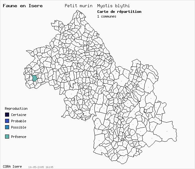 Carte Nidification: Petit murin Myotis blythi en Isre