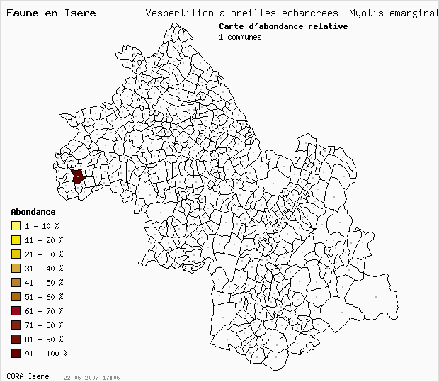 Carte Abondance: Vespertilion  oreilles chancres Myotis emarginatus en Isre