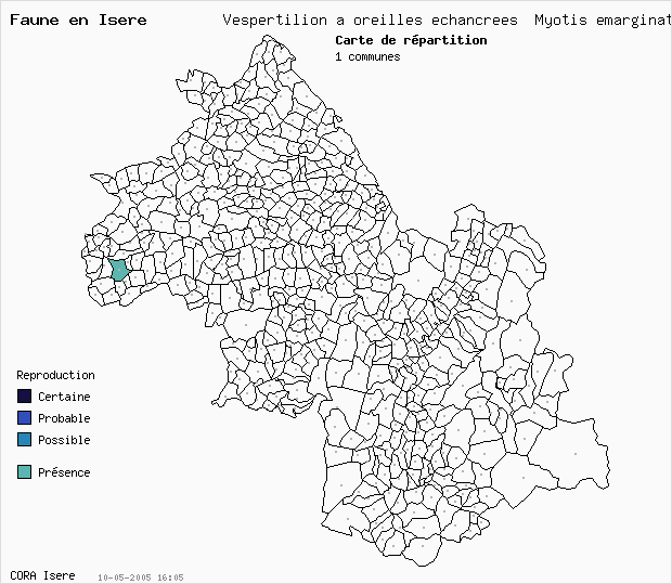 Carte Nidification: Vespertilion  oreilles chancres Myotis emarginatus en Isre