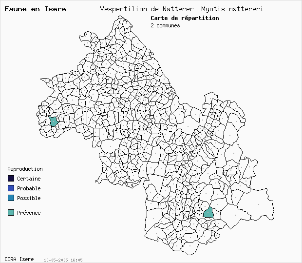 Carte Nidification: Vespertilion de Natterer Myotis nattereri en Isre