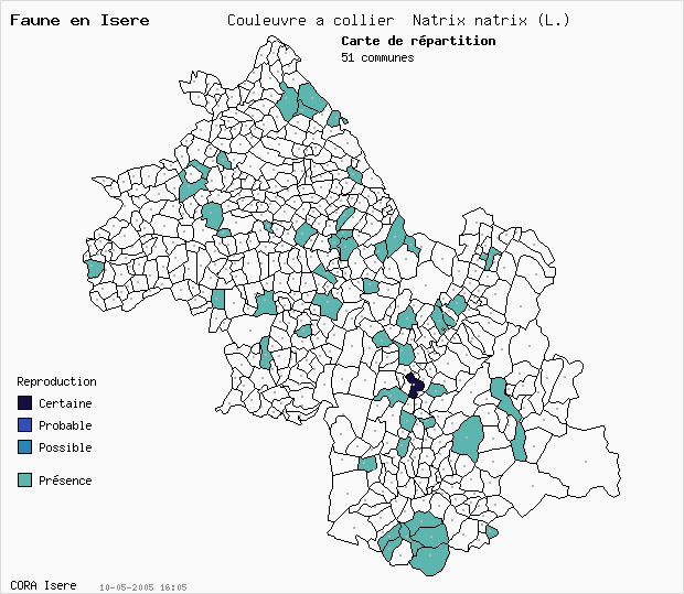 Carte Nidification: Couleuvre  collier Natrix natrix (L.) en Isre