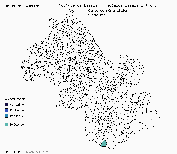 Carte Nidification: Noctule de Leisler Nyctalus leisleri (Kuhl) en Isre