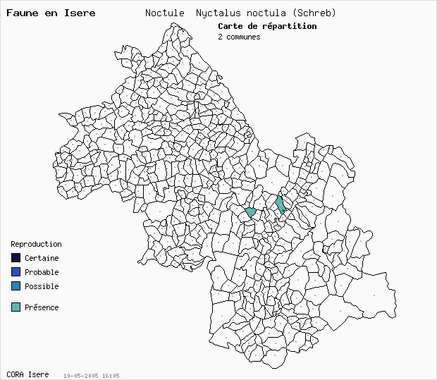 Carte Nidification: Noctule Nyctalus noctula (Schreb) en Isre