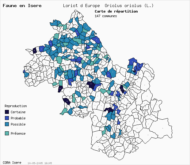 Carte Nidification: Loriot d Europe Oriolus oriolus (L.) en Isre