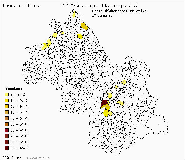Carte Abondance: Petit-duc scops Otus scops (L.) en Isre