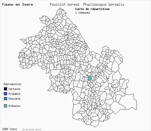 Carte Nidification: Pouillot boral Phylloscopus borealis en Isre