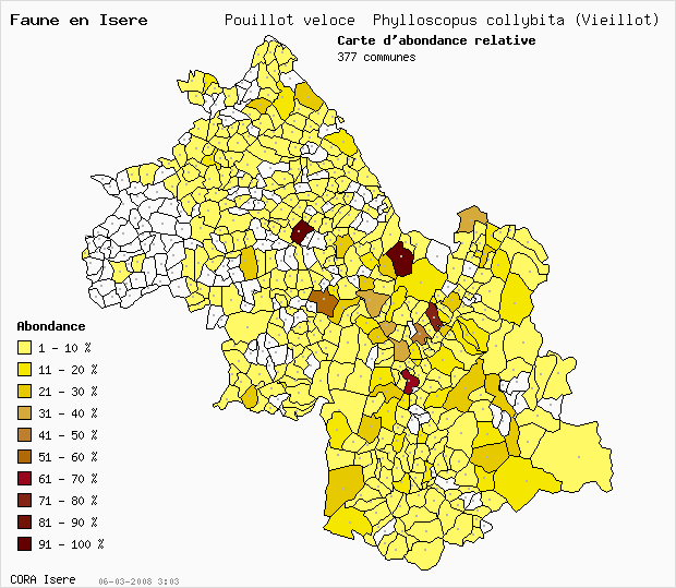 Carte Abondance: Pouillot vloce Phylloscopus collybita (Vieillot) en Isre