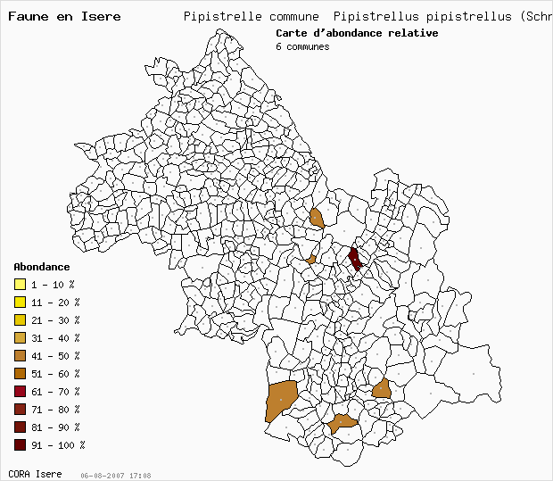 Carte Abondance: Pipistrelle commune Pipistrellus pipistrellus (Schreb) en Isre