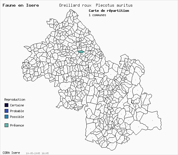 Carte Nidification: Oreillard roux Plecotus auritus en Isre