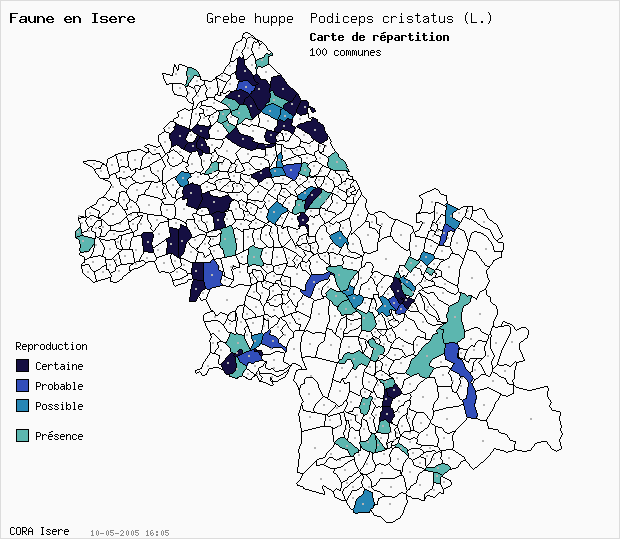 Carte Nidification: Grbe hupp Podiceps cristatus (L.) en Isre