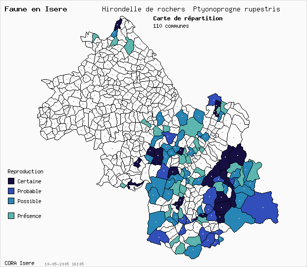 Carte Nidification: Hirondelle de rochers Ptyonoprogne rupestris en Isre