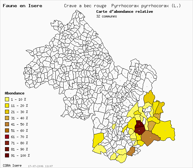 Carte Abondance: Crave  bec rouge Pyrrhocorax pyrrhocorax (L.) en Isre