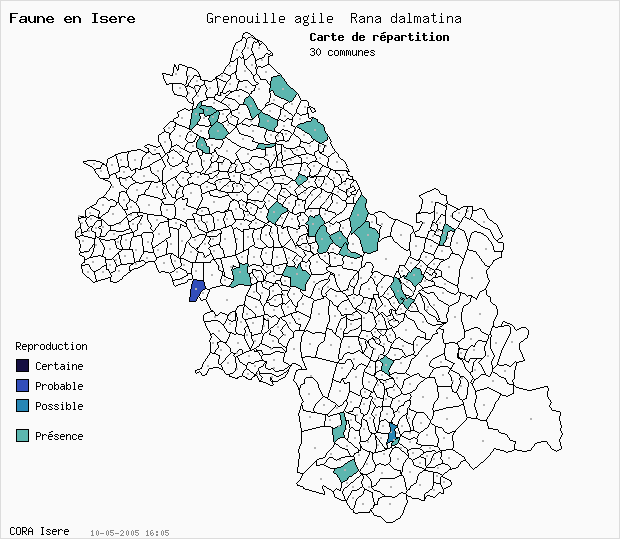Carte Nidification: Grenouille agile Rana dalmatina en Isre