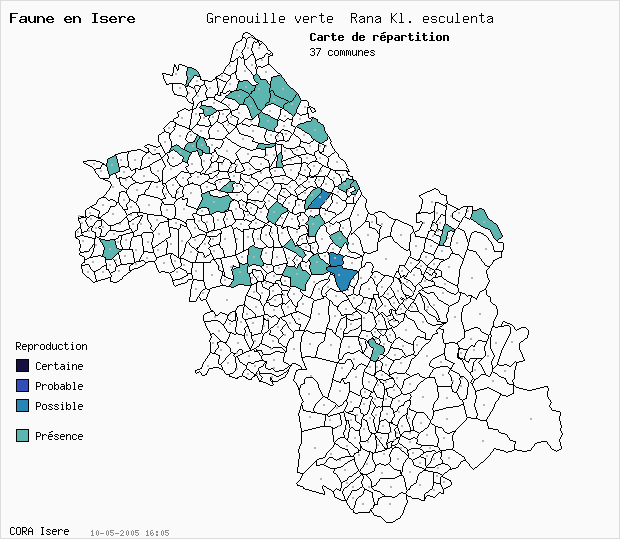 Carte Nidification: Grenouille verte Rana Kl. esculenta en Isre