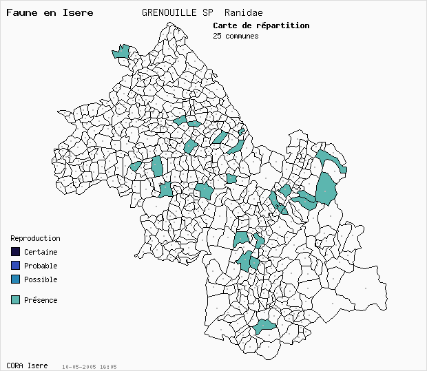 Carte Nidification: GRENOUILLE SP Ranidae en Isre
