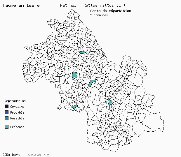 Carte Nidification: Rat noir Rattus rattus (L.) en Isre