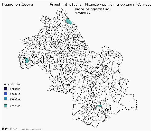 Carte Nidification: Grand rhinolophe Rhinolophus ferrumequinum (Schreb.) en Isre