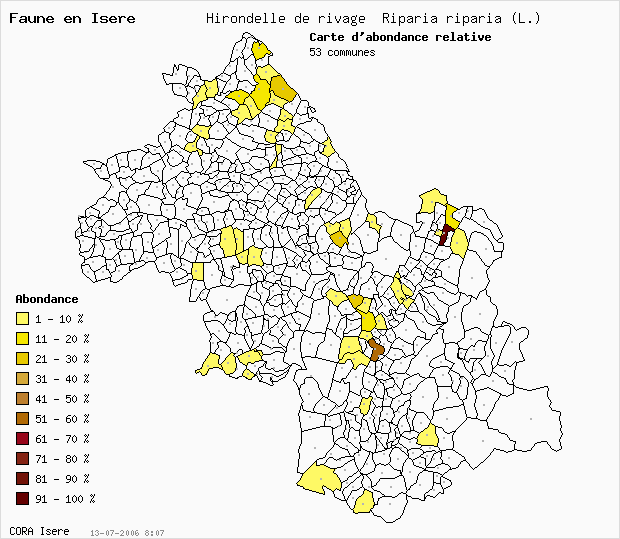 Carte Abondance: Hirondelle de rivage Riparia riparia (L.) en Isre