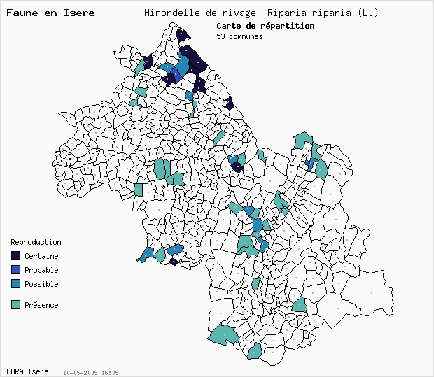 Carte Nidification: Hirondelle de rivage Riparia riparia (L.) en Isre