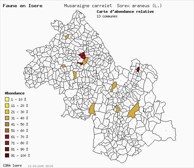 Carte Abondance: Musaraigne carrelet Sorex araneus (L.) en Isre