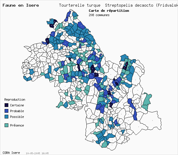 Carte Nidification: Tourterelle turque Streptopelia decaocto (Fridvalsky) en Isre