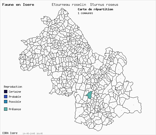 Carte Nidification: Etourneau roselin Sturnus roseus en Isre