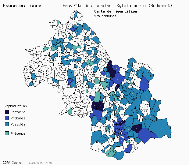 Carte Nidification: Fauvette des jardins Sylvia borin (Boddaert) en Isre