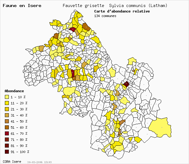 Carte Abondance: Fauvette grisette Sylvia communis (Latham) en Isre