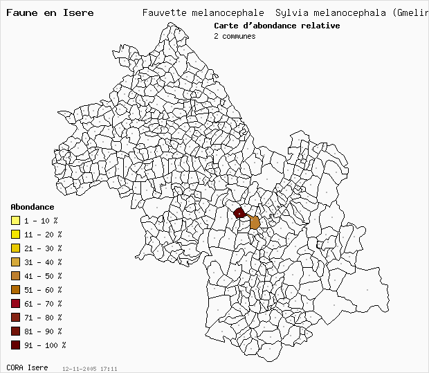 Carte Abondance: Fauvette mlanocphale Sylvia melanocephala (Gmelin) en Isre