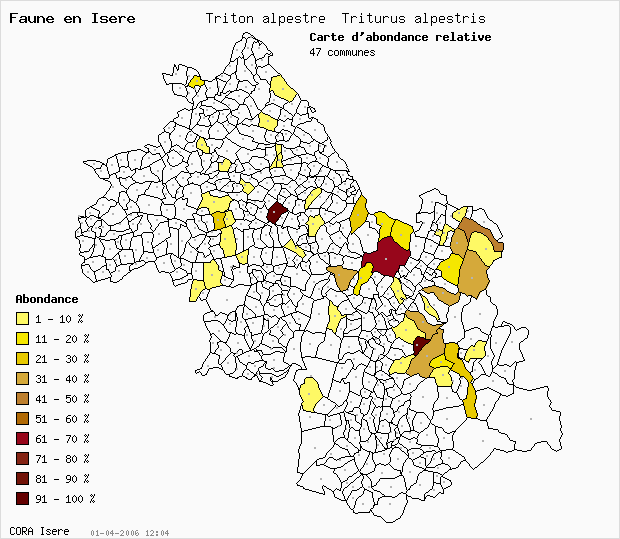 Carte Abondance: Triton alpestre Triturus alpestris en Isre