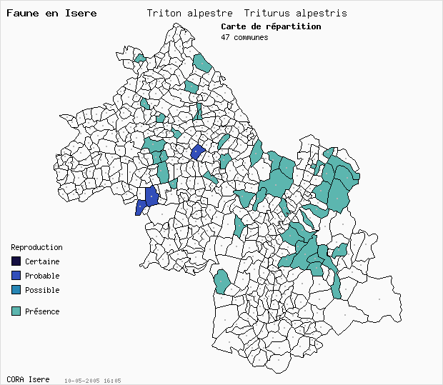 Carte Nidification: Triton alpestre Triturus alpestris en Isre