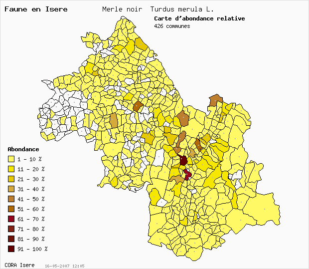 Carte Abondance: Merle noir Turdus merula L. en Isre
