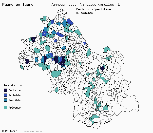 Carte Nidification: Vanneau hupp Vanellus vanellus (L.) en Isre