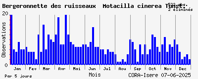 Observations saisonnires (par 5 jours) de Bergeronnette des ruisseaux Motacilla cinerea Tunst.