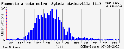 Observations saisonnires (par 5 jours) de Fauvette à tête noire Sylvia atricapilla (L.)